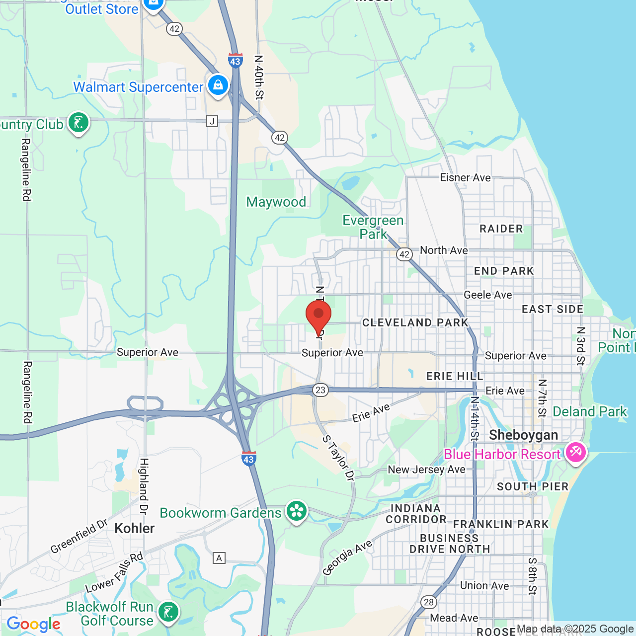 Google map image of our location in 1630 N Taylor Dr Sheboygan, WI